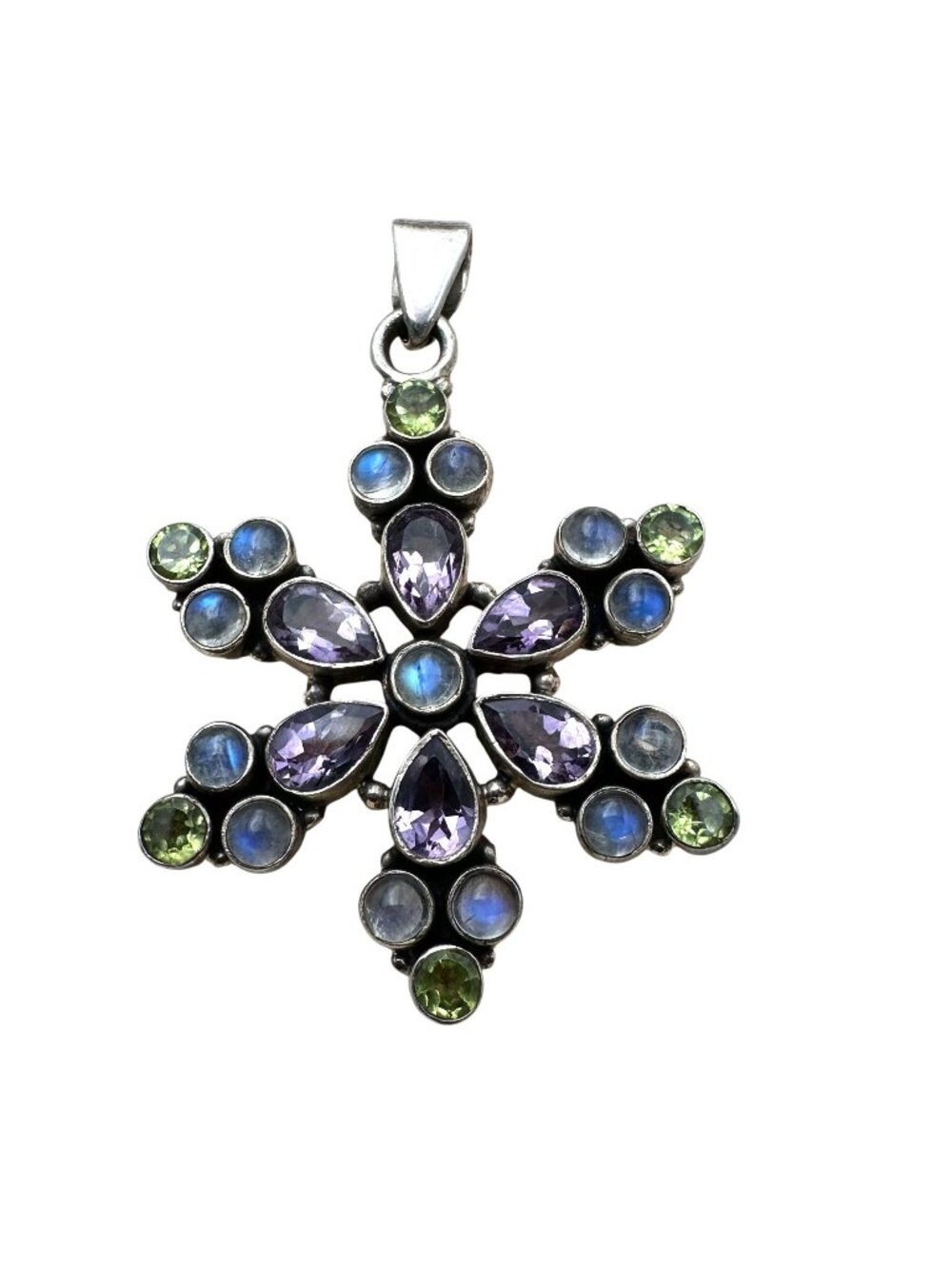 Multi Gemstone Sterling Silver Pendant Purple Amethyst Moonstone Green Peridot